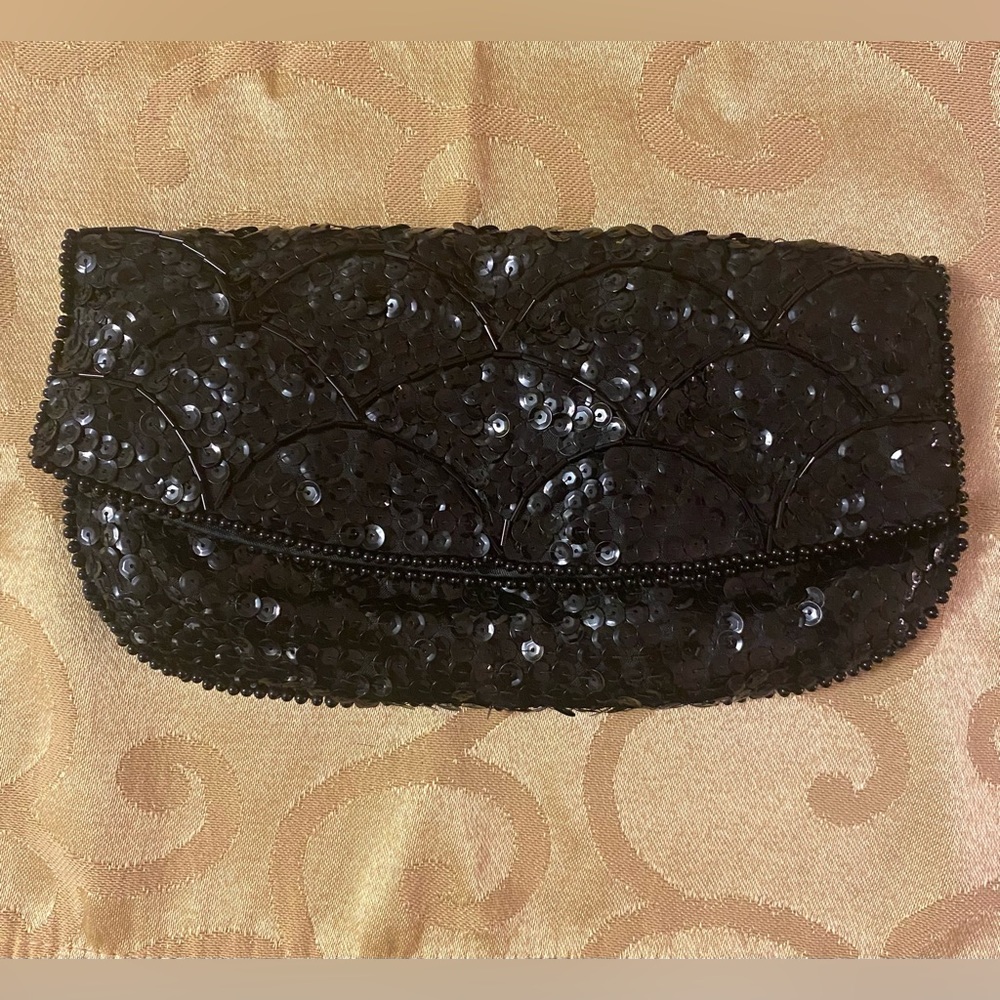 La Regale Clutch Bag Black‎ Beaded Sequins No Snap
